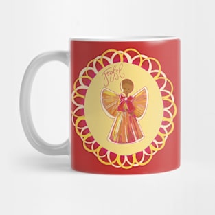 Scandinavian straw angel in wreath of pink and yellow with Joyful phrase Mug